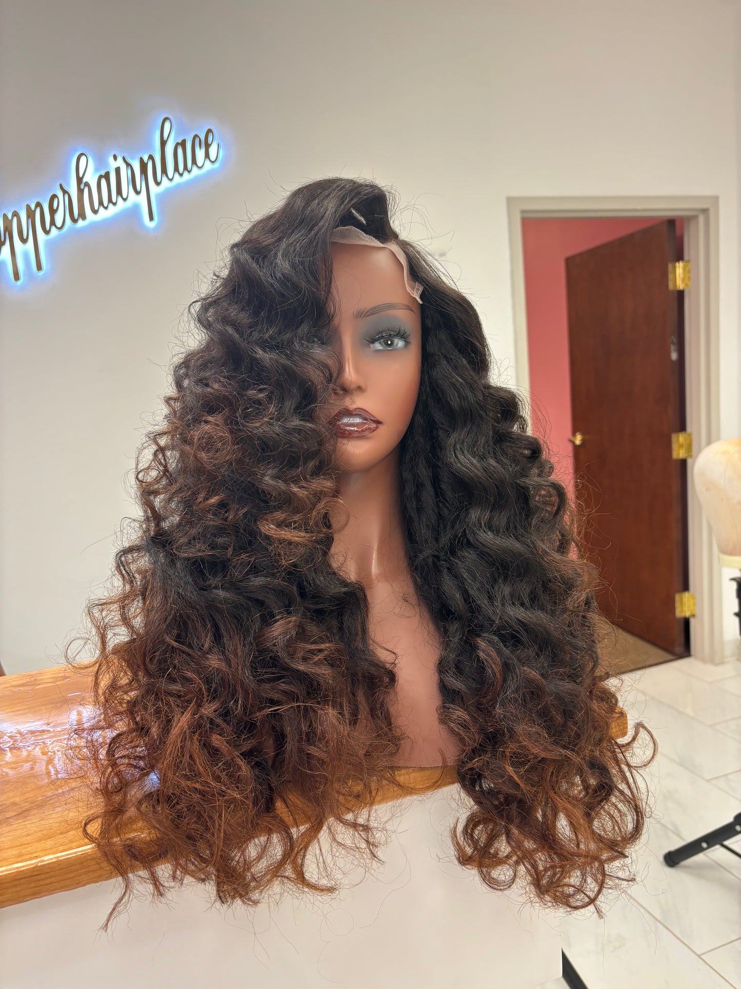 Kinky wand curled glueless wig