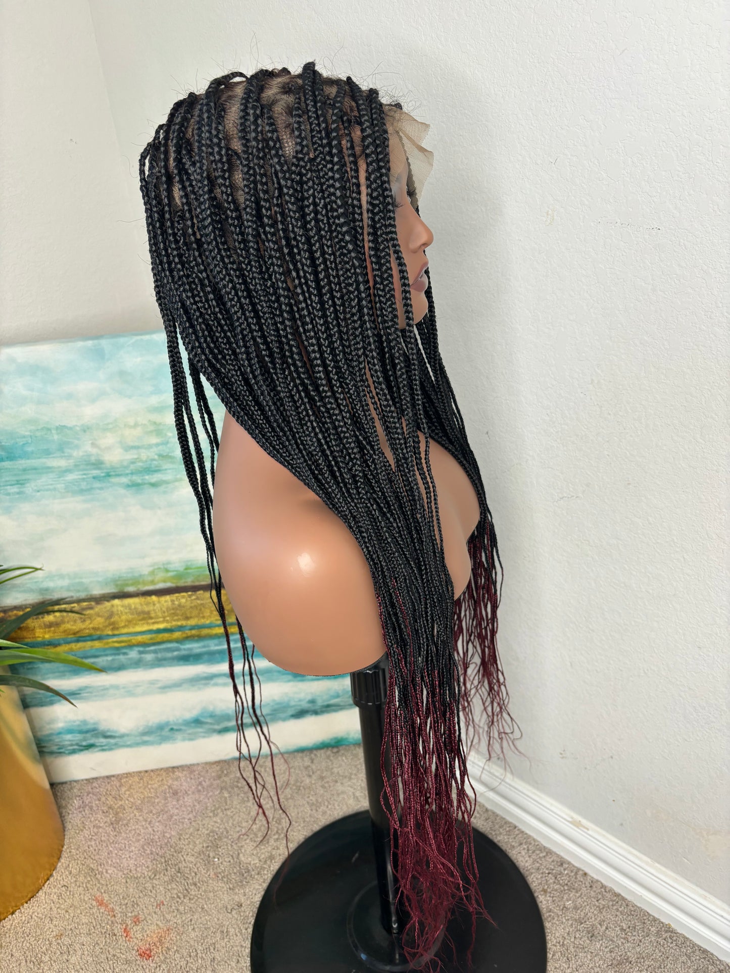 Medium knotless full lace with burgundy tips