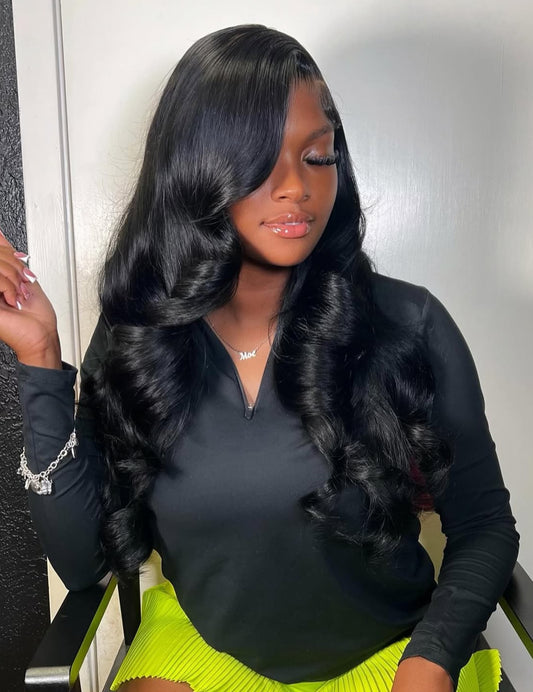 Hd lace body wavy frontal natural black wig