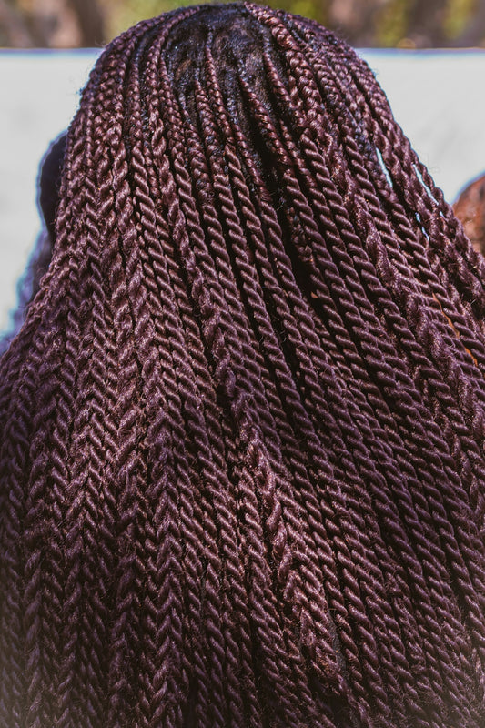 Close-up of long, dark braided hair